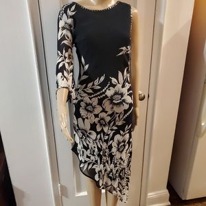 ASERMETRICAL HEM/SLEEVE MIDI DRESS BEADED BLACK/WHITE FLORAL PRINT Size XS